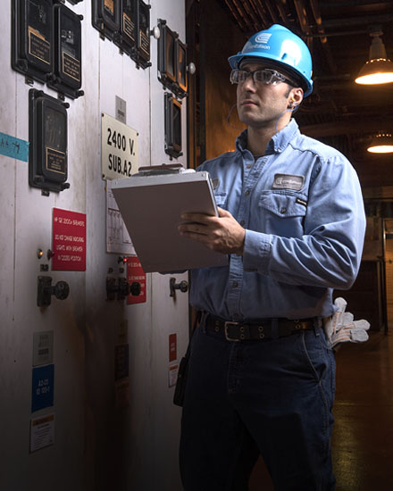 A Con Edison employee holding a clipboard.